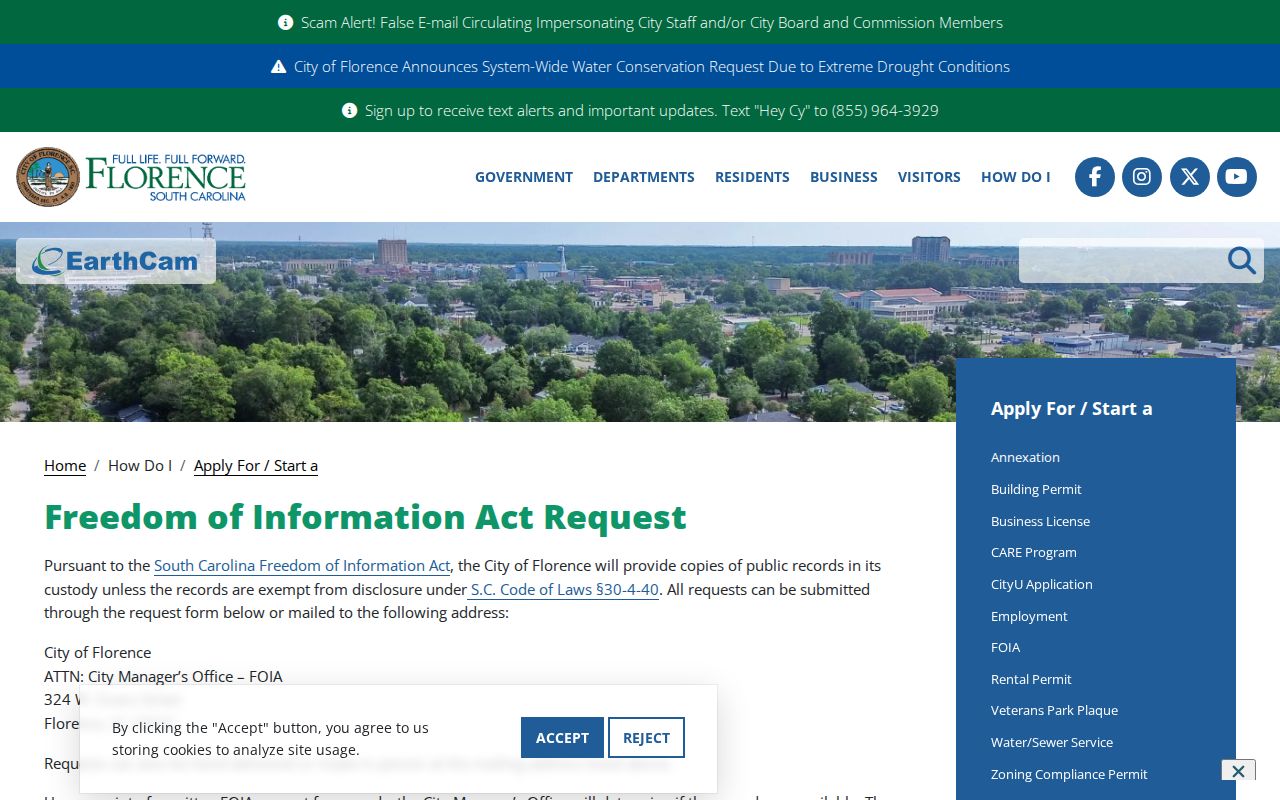 Florence residents directory view of the City of Florence FOIA request page