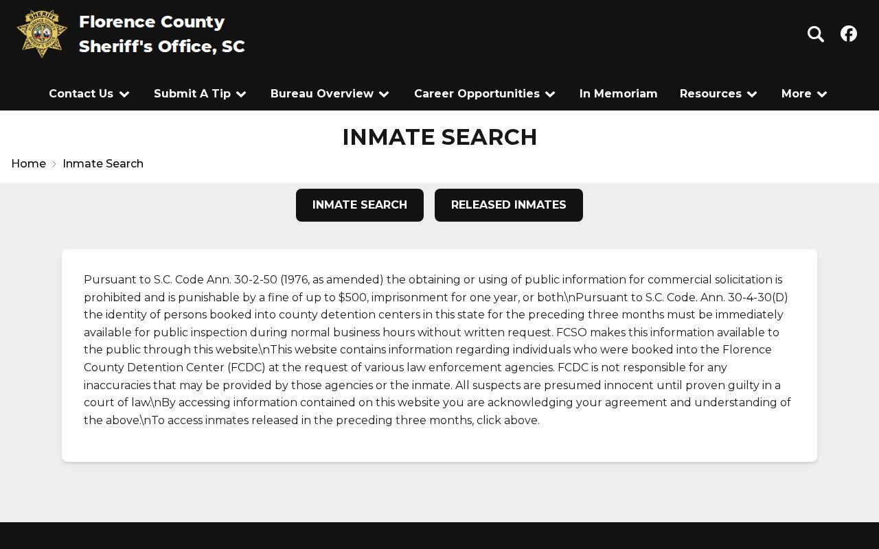 Florence residents directory view of Florence County jail booking search