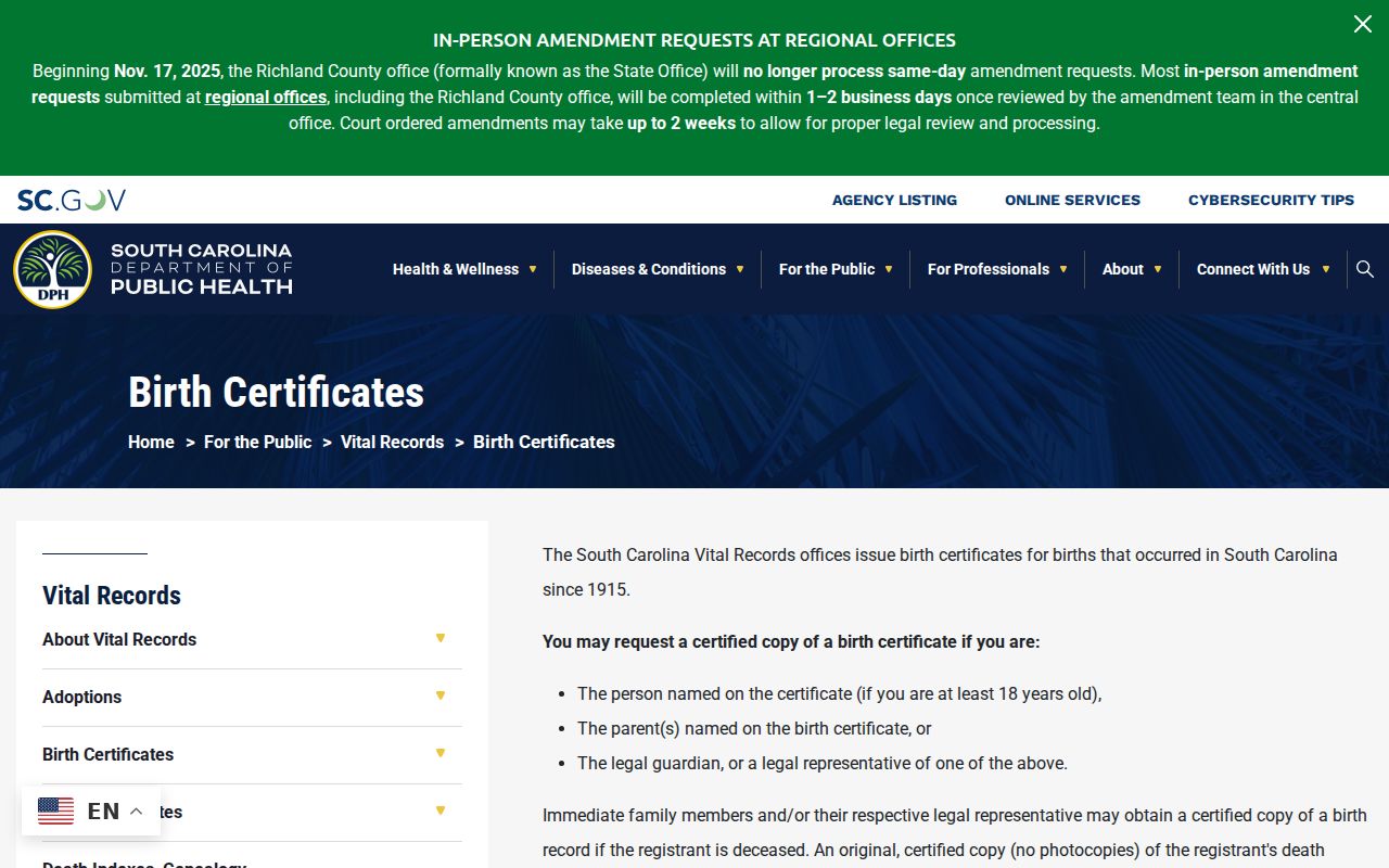 Florence resident lookup route for South Carolina birth certificate eligibility