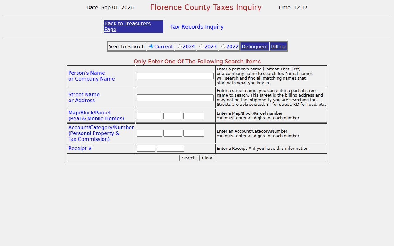 Florence street directory County Tax Inquiry search fields